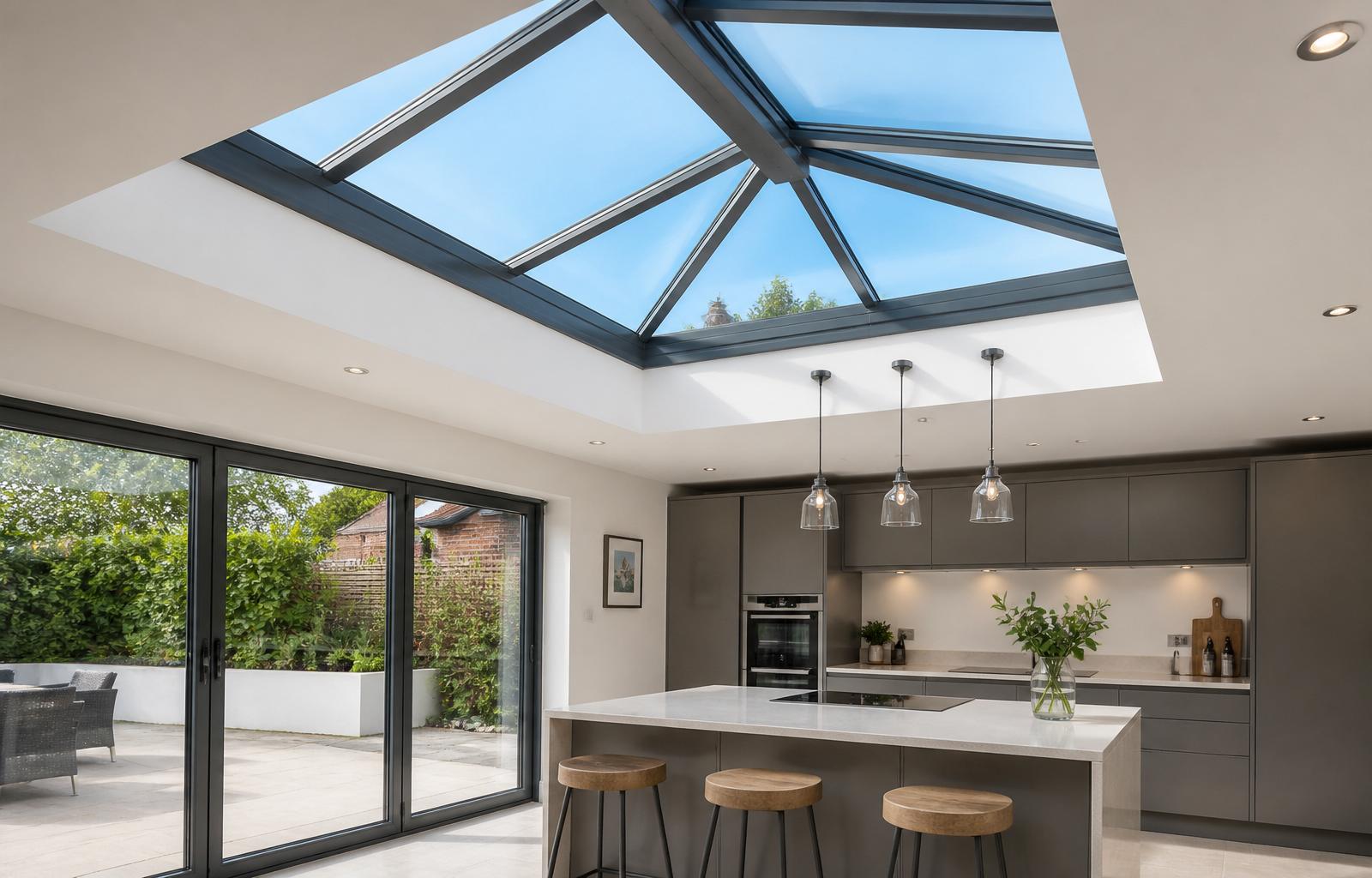 Contemporary aluminium roof lantern flooding a modern kitchen extension with natural daylight